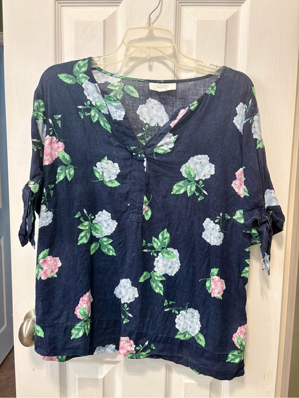 Charter Club Luxury Linen Navy Floral V-Neck Top
